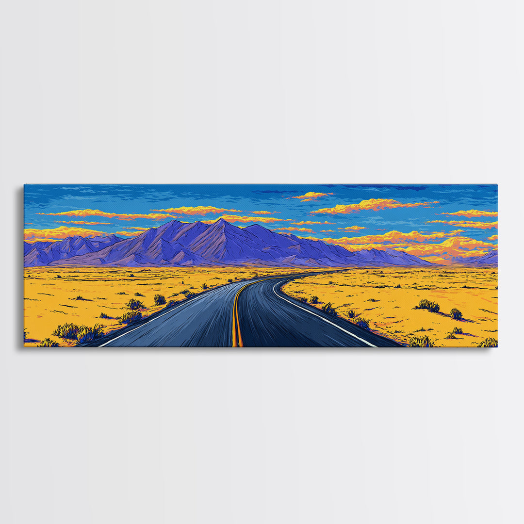 Vibrant Desert Highway And Purple Mountains Wall Art, Mid Century Modern Landscape Poster, Retro Road Trip Home Decor Print
