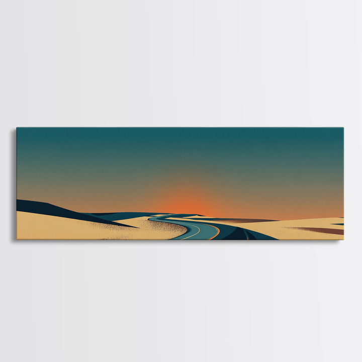 Minimal Sunset Desert Road Canvas Print, Mid Century Modern Landscape Wall Decor, Retro Travel Poster, Warm Neutral Art Print