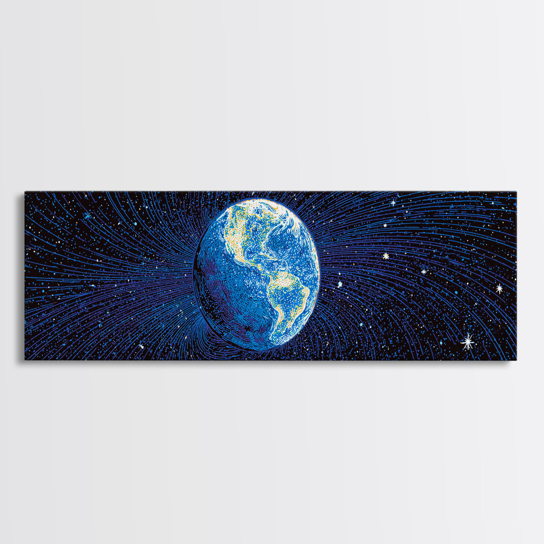 Blue Earth Magnetosphere And Starfield Wall Art, Retro Space Science Poster, Modern Digital Art Print For Office Decor And Astronomy Gift