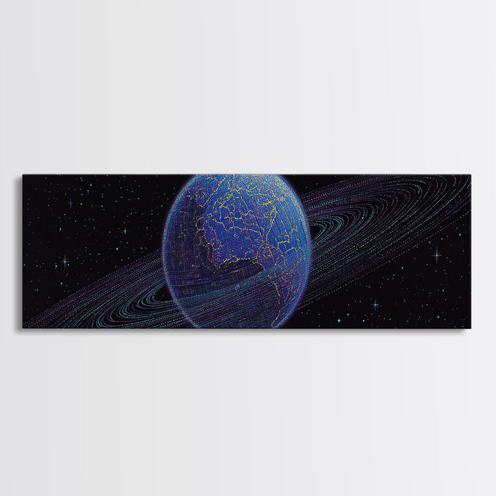 Ringed Blue Planet In Starry Space Canvas Print, Retro Sci Fi Wall Decor, Modern Digital Art Poster For Office And Bedroom
