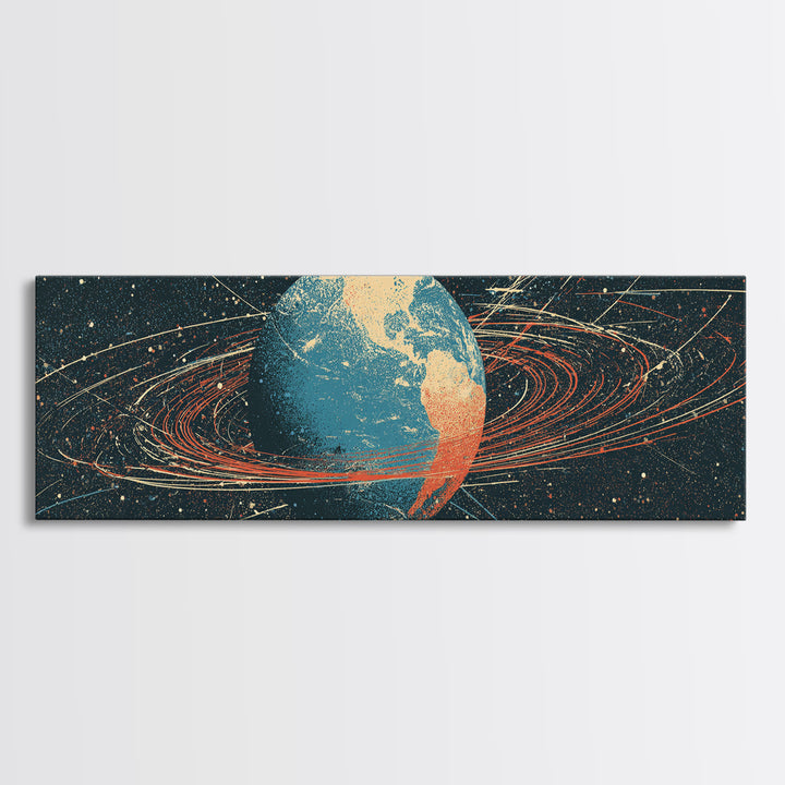 Retro Earth Orbit Lines And Star Map Wall Art, Mid Century Modern Space Poster, Scientific Astronomy Print For Office Decor