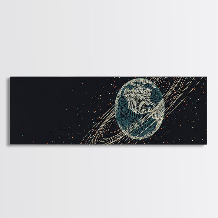 Dark Earth With Orbital Rings Framed Canvas Print, Retro Space Science Wall Decor, Modern Astronomy Art For Home Office Gift