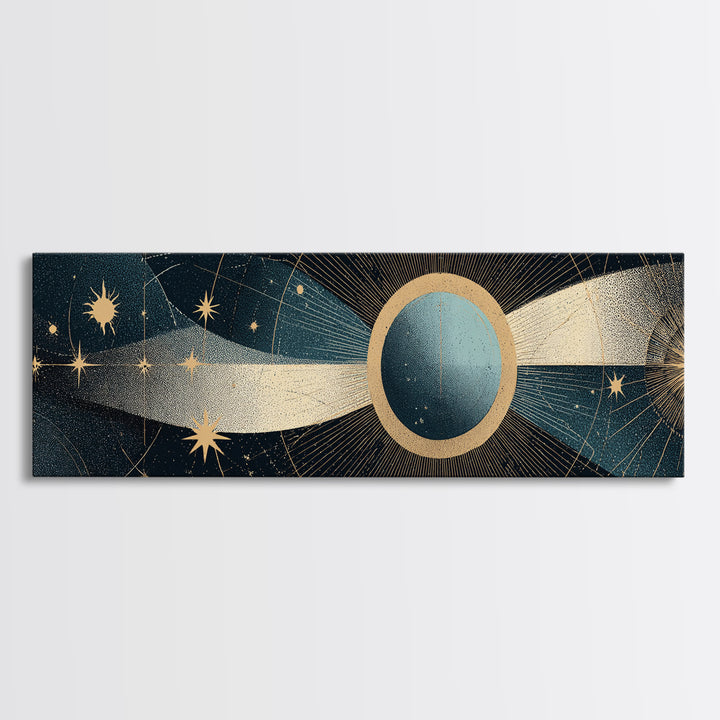 Abstract Solar Eclipse With Golden Stars Wall Art, Mid Century Modern Celestial Poster, Cosmic Retro Print For Living Room
