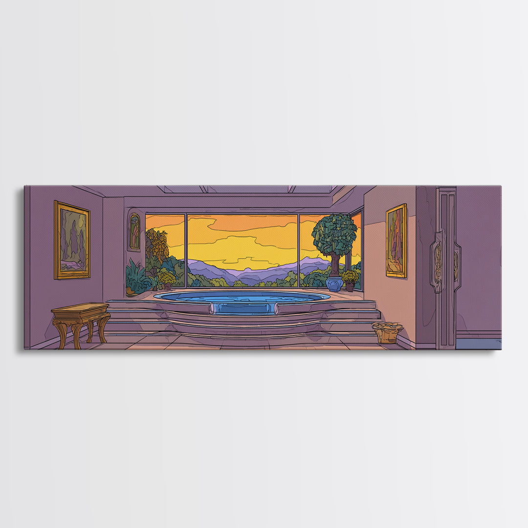 Retro Modern Interior With Sunset Mountain View Wall Art, Mid Century Modern Home Decor, Architectural Landscape Poster Print