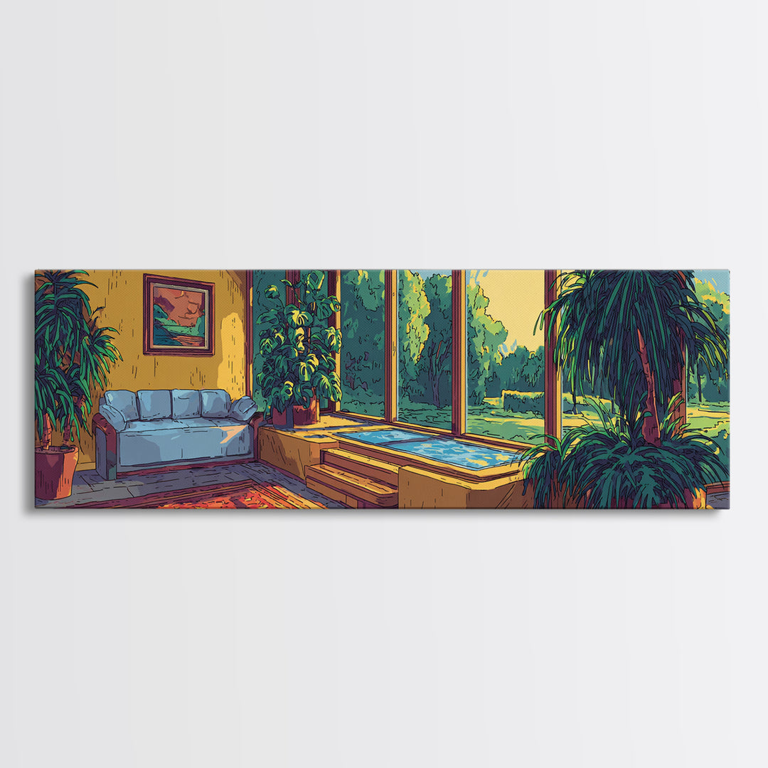 Sunlit Living Room With Lush Houseplants Canvas Print, Mid Century Modern Interior Wall Decor, Cozy Botanical Art Print Poster