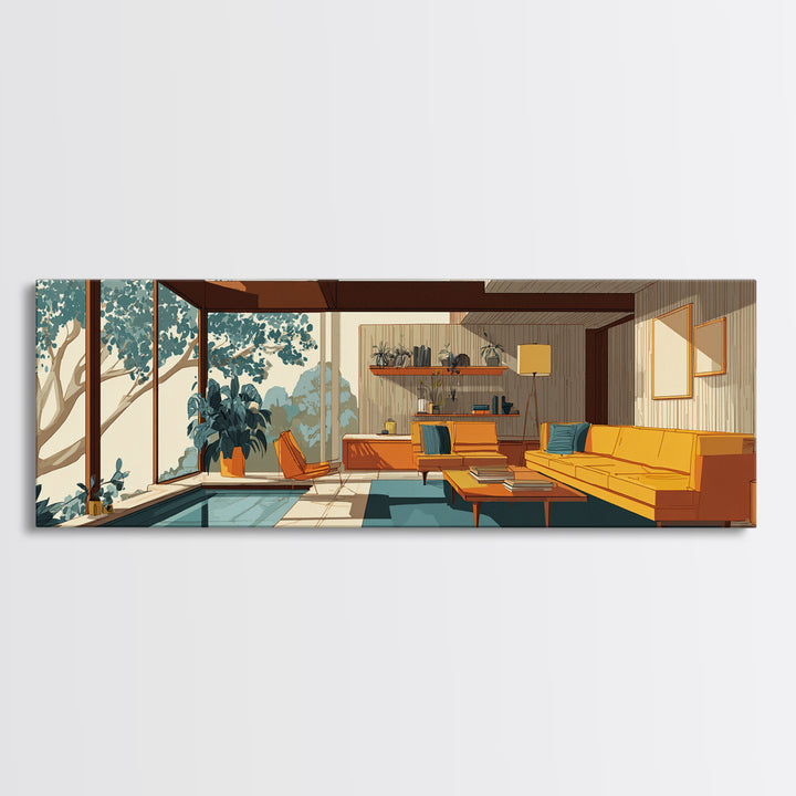 Glass Wall Living Room With Pool Wall Art, Midcentury Modern Decor, MCM Architecture, Retro Home Office Interior Design Canvas Print