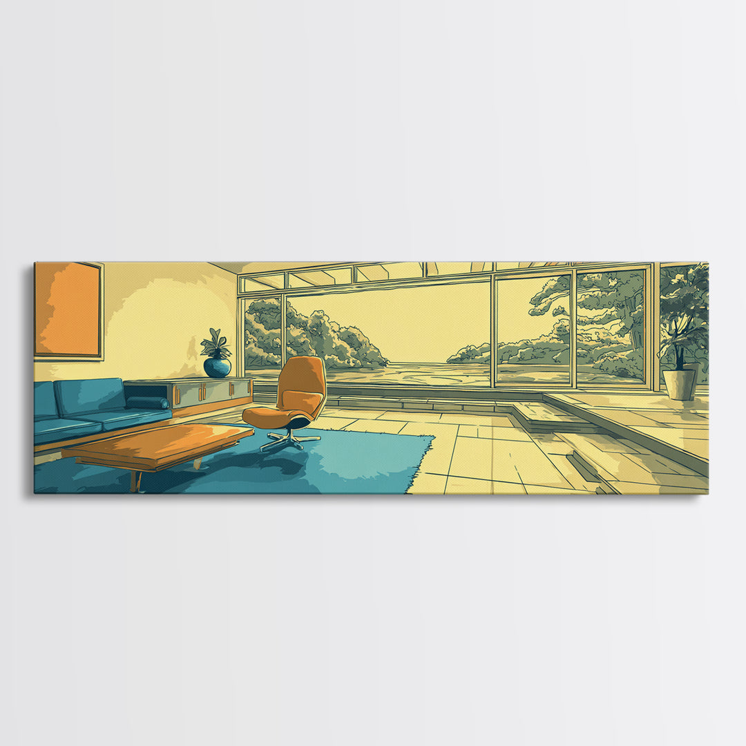 Teal Yellow Living Room With Mountain View Framed Canvas Print, Midcentury Modern Wall Decor, Retro MCM Architecture Home Art