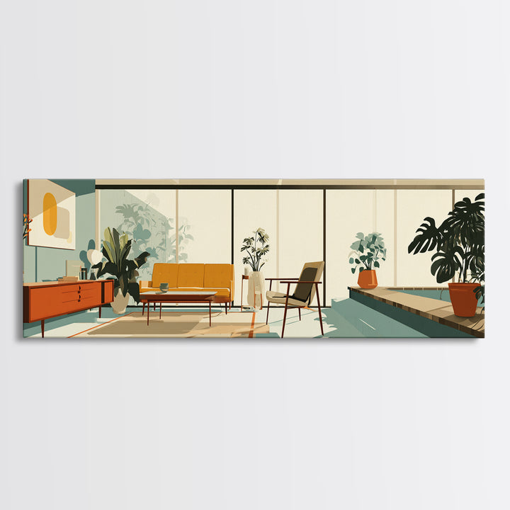 Sunny Plant Filled Living Room Wall Art, Midcentury Modern Decor, MCM Furniture, Retro Architectural Home Office Canvas Print