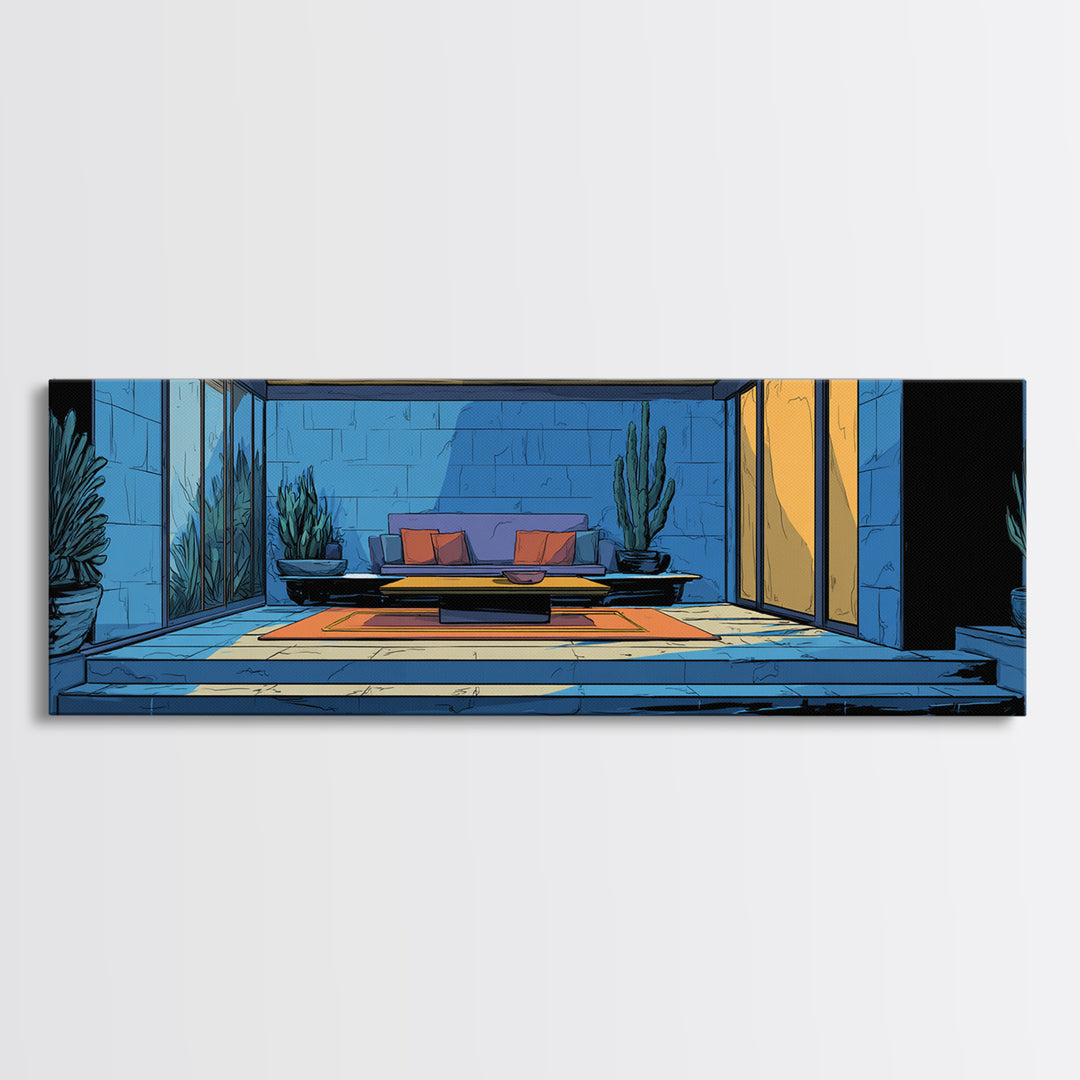 Blue Desert Courtyard With Cactus Wall Art, Midcentury Modern Decor, Retro Patio Architecture, MCM Large Framed Canvas Print