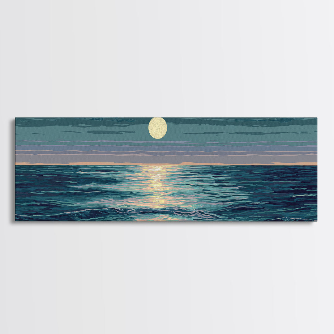 Moonlit Ocean Waves Under Full Moon Wall Art, Coastal Modern Decor, Blue Seascape, Serene Bedroom Living Room Canvas Print