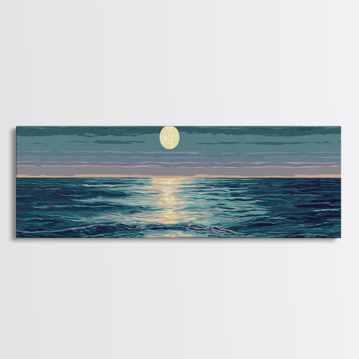 Moonlit Ocean Waves Under Full Moon Wall Art, Coastal Modern Decor, Blue Seascape, Serene Bedroom Living Room Canvas Print
