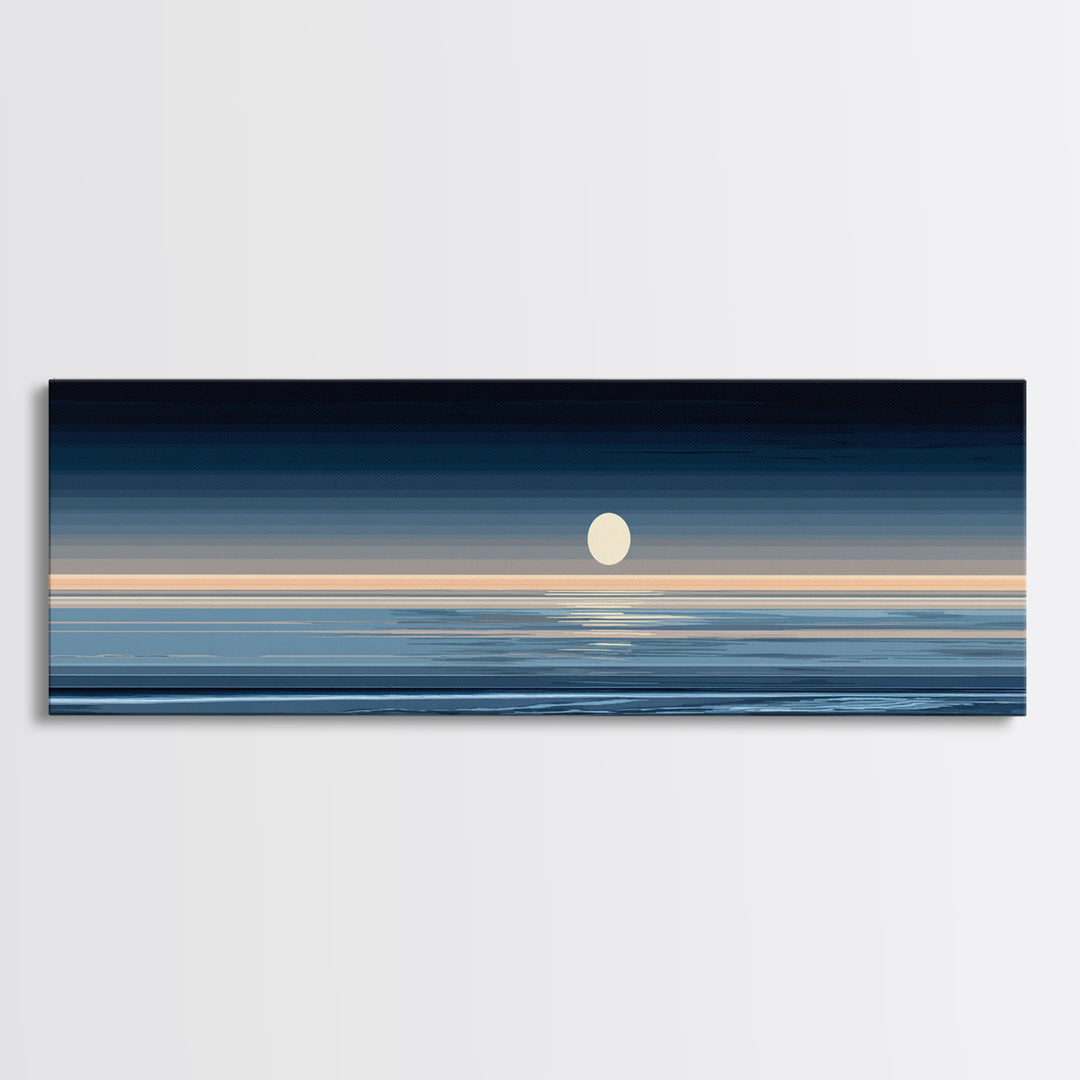 Minimal Moon Over Calm Horizon Wall Art, Modern Coastal Decor, Blue Abstract Seascape, Serene Bedroom Large Canvas Print