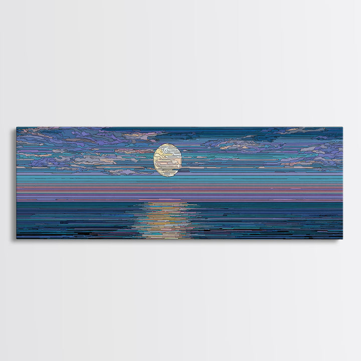 Striped Full Moon Ocean Reflection Wall Art, Modern Abstract Decor, Blue Coastal Seascape, MCM Retro Bedroom Canvas Print