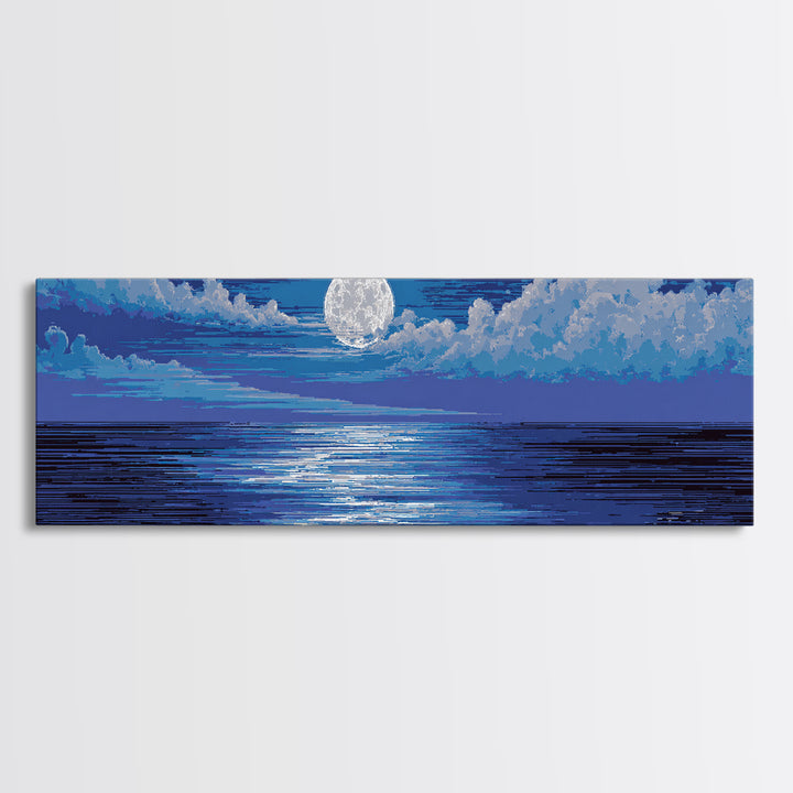 Bright Full Moon Over Blue Ocean Clouds Wall Art, Modern Coastal Decor, Serene Seascape, Bedroom Living Room Large Canvas Print