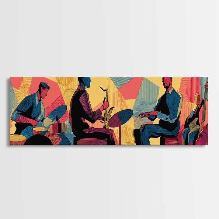 Vibrant Jazz Trio And Bass Canvas Print, Midcentury Modern Wall Art, Colorful Music Poster, Bold Retro Living Room Decor