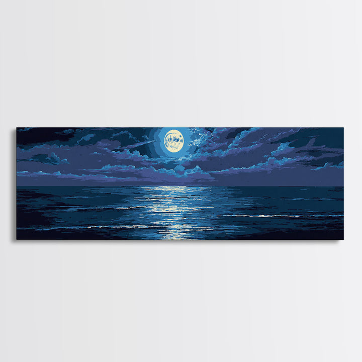Dramatic Moonlit Ocean With Storm Clouds Wall Art, Modern Coastal Decor, Blue Seascape, Moody Bedroom Large Canvas Print