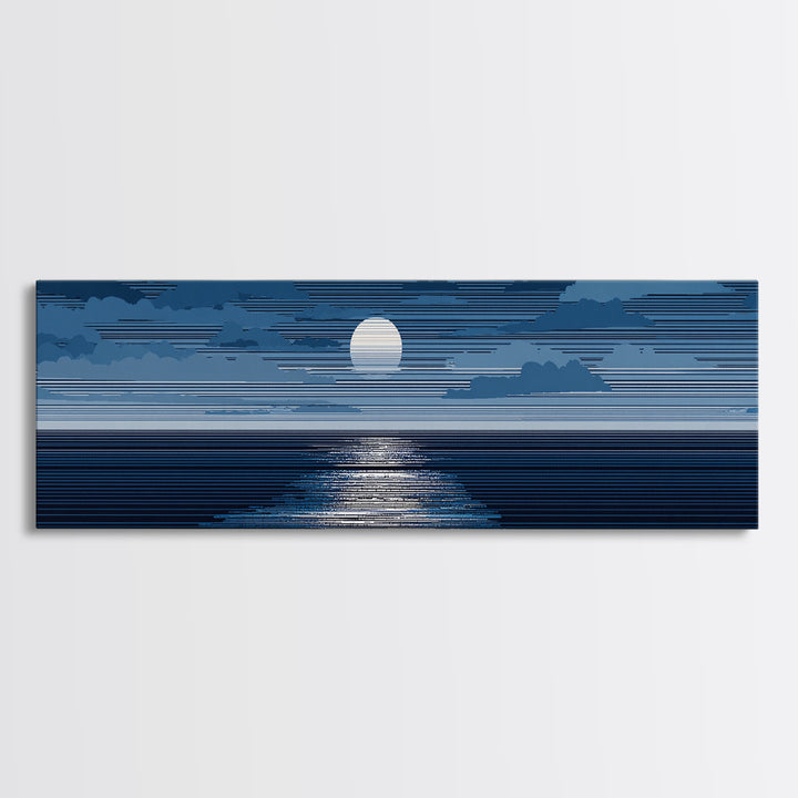 Blue Moonlit Ocean Horizon Wall Art, Mid Century Modern Seascape Print, Navy Coastal Decor, Serene Bedroom Artwork, Living Room Art