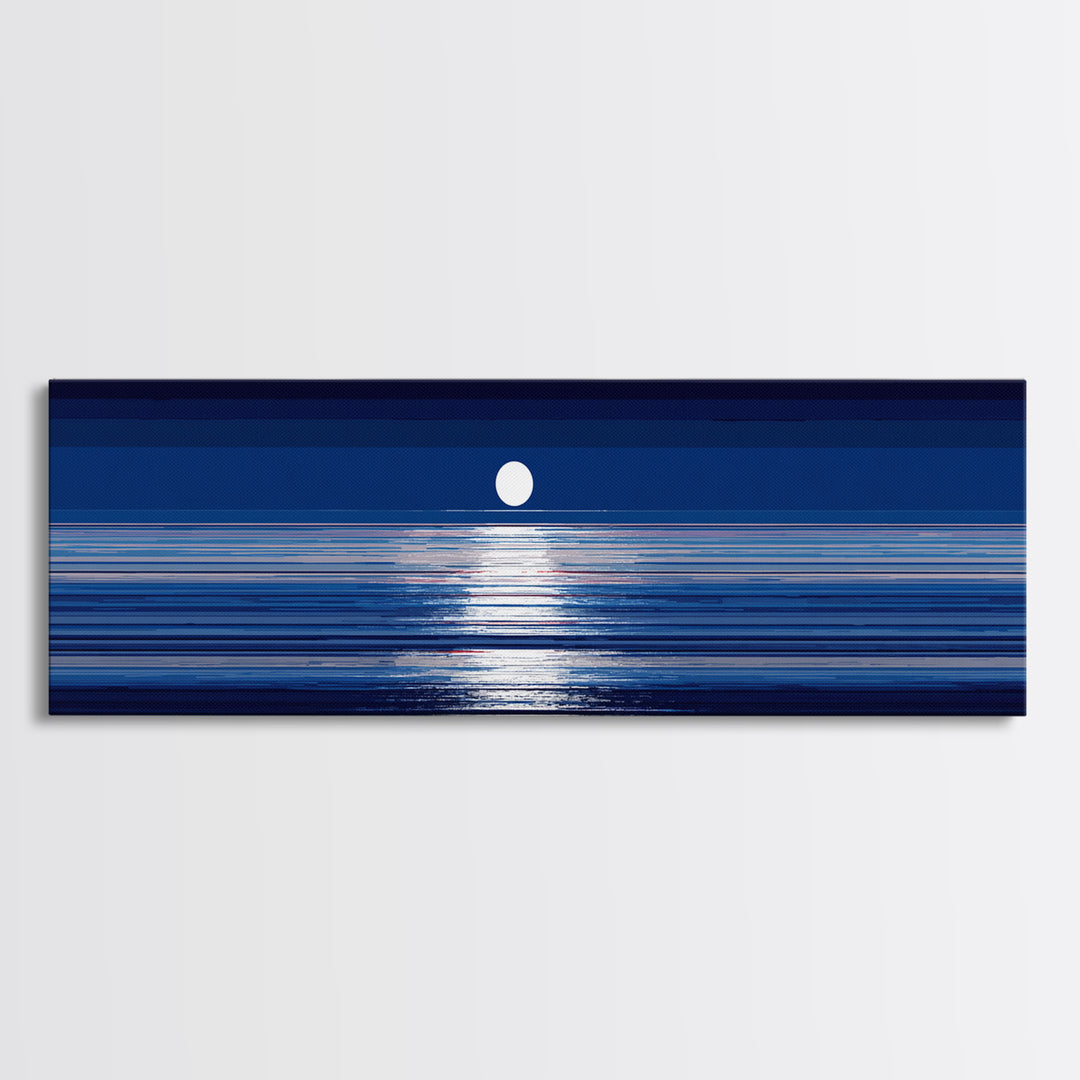 Full Moon Ocean Reflection Canvas Print, Modern Blue Seascape Wall Decor, Coastal Bedroom Art, Serene Living Room Artwork