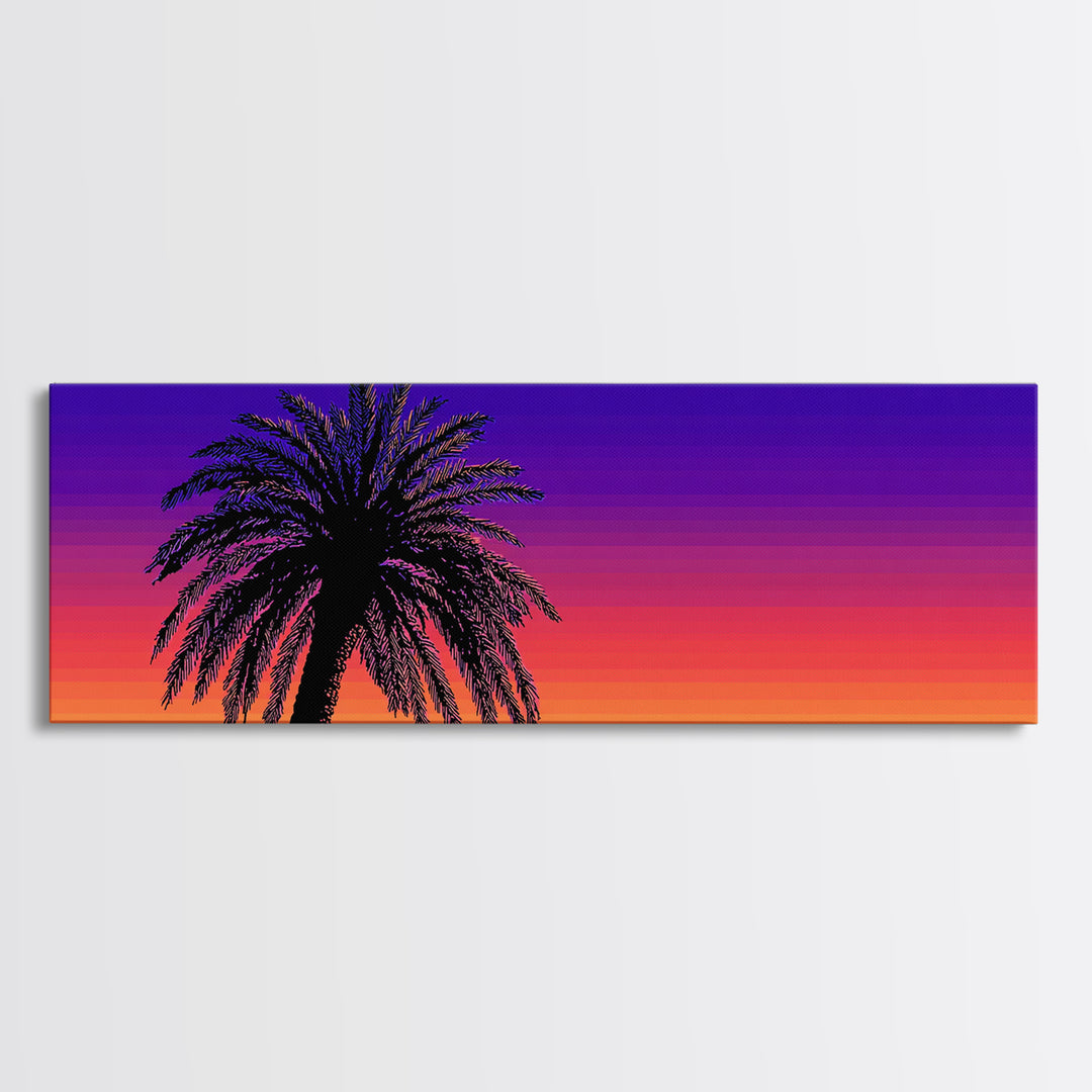 Vibrant Double Palm Sunset Framed Canvas Print, Retro 70s Wall Decor, Tropical Palm Springs Art, Colorful Bedroom Poster