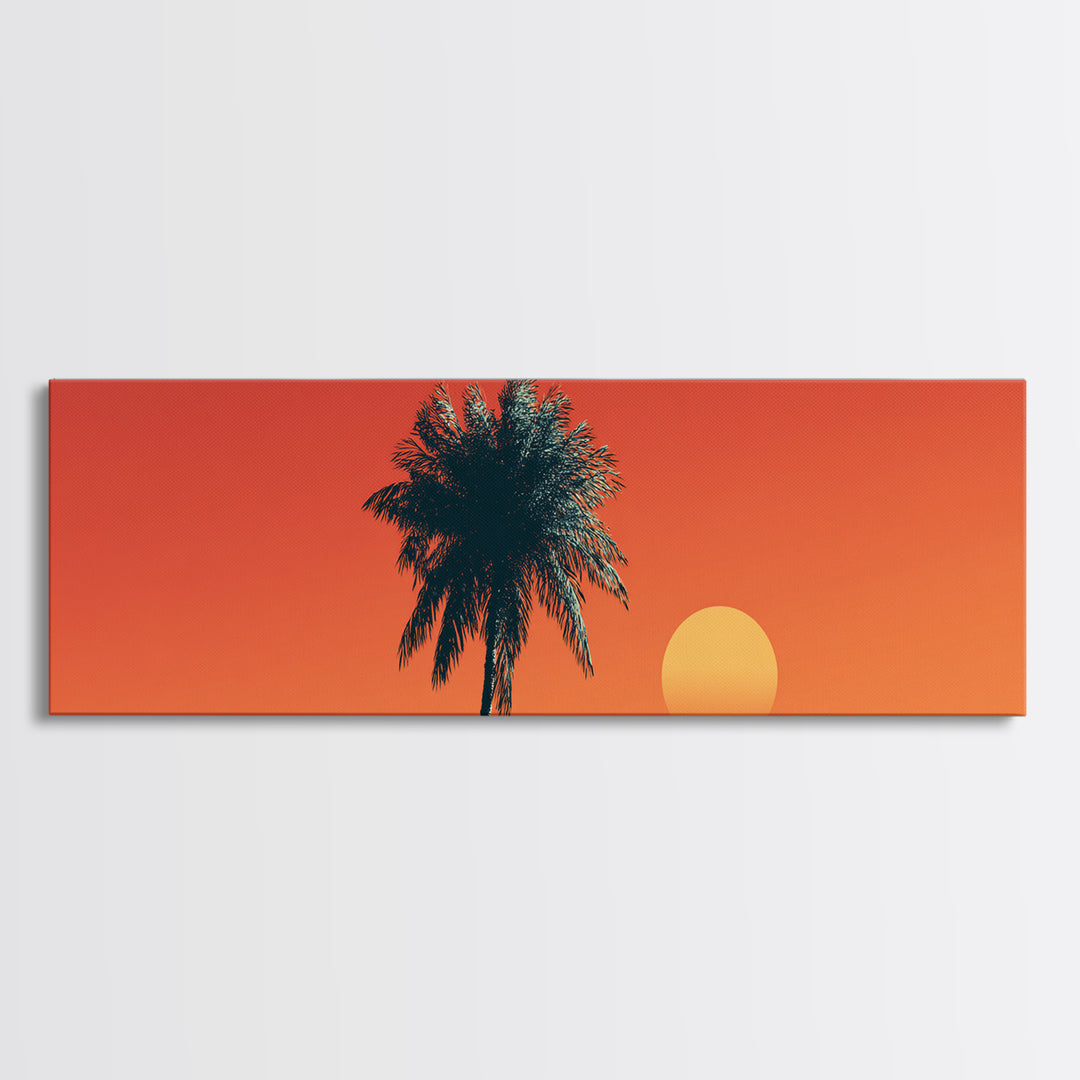 Orange Palm Silhouette Sunset Canvas Print, Mid Century Modern Tropical Wall Decor, Warm Coastal Art, Palm Springs Home Decor