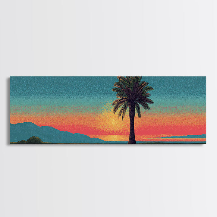 Grainy Palm Mountain Sunset Wall Art, Retro California Landscape Print, Teal Orange Mid Century Decor, Tropical Living Room Art