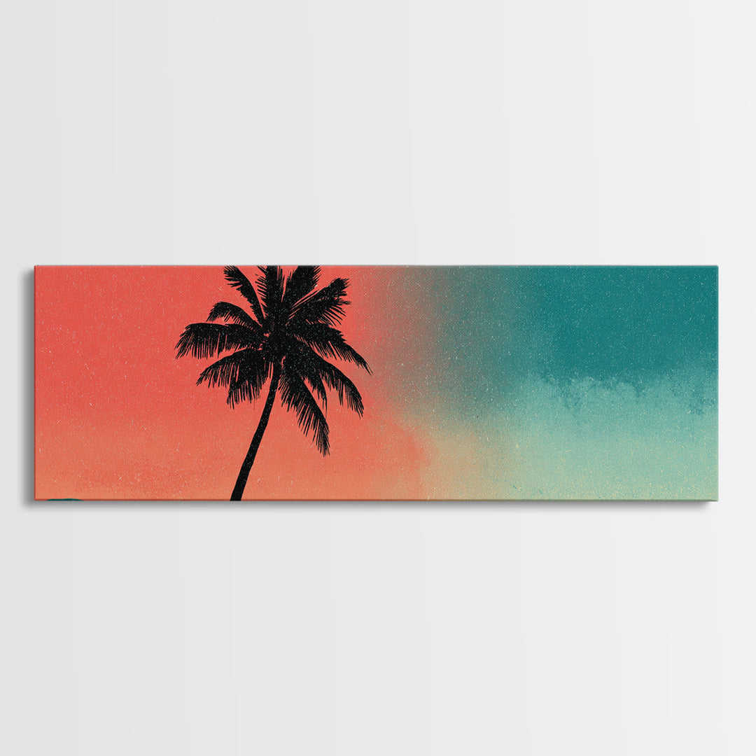 Leaning Palm Teal Coral Sky Wall Art, Retro Desert Landscape Print, Mid Century Modern Decor, Tropical California Poster