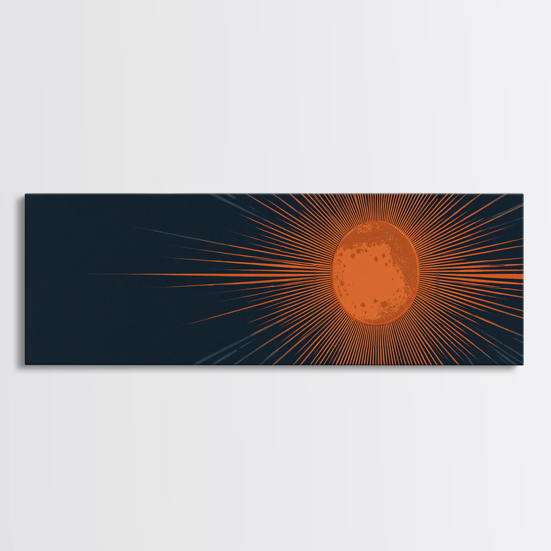 Orange Radiant Sunburst Wall Art, Atomic Mid Century Modern Print, Dark Navy Geometric Decor, Bold Solar Living Room Poster