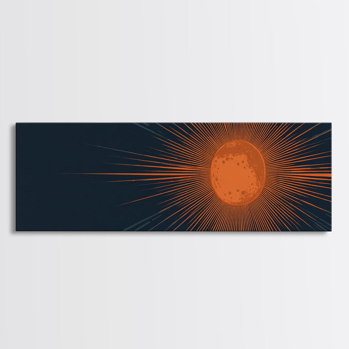 Orange Radiant Sunburst Wall Art, Atomic Mid Century Modern Print, Dark Navy Geometric Decor, Bold Solar Living Room Poster