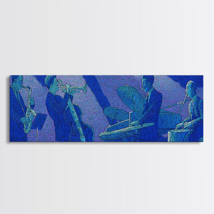 Blue Textured Jazz Ensemble Canvas Print, Modern Wall Art, Midcentury Music Poster, Cool Retro Living Room Home Office Decor