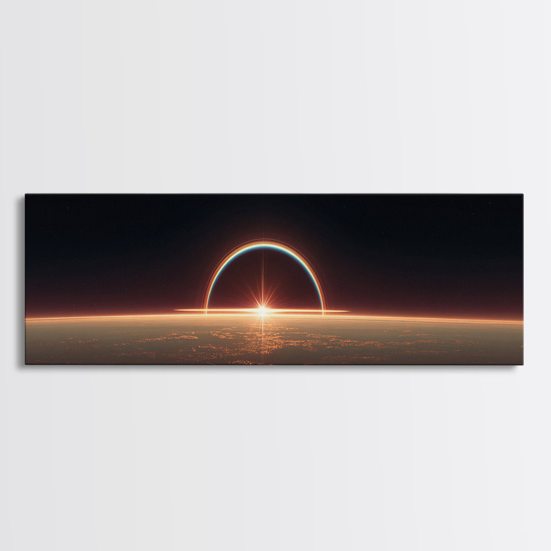 Futuristic Eclipse Horizon Framed Canvas Print, Sci Fi Planet Sunrise Wall Decor, Modern Space Art, Cinematic Living Room Poster