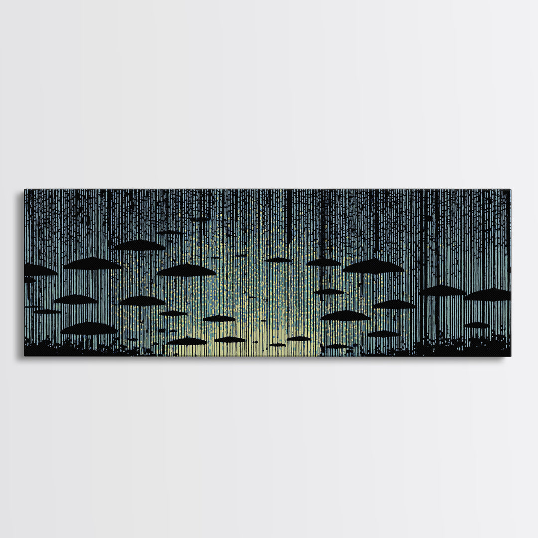 Blue Rain Umbrella Wall Art, Retro Illustration, Atmospheric Modern Art Print, Moody Bedroom Decor And Office Wall Decor
