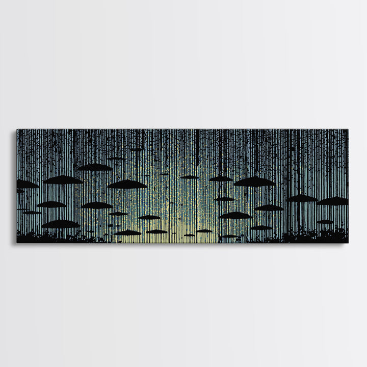Blue Rain Umbrella Wall Art, Retro Illustration, Atmospheric Modern Art Print, Moody Bedroom Decor And Office Wall Decor
