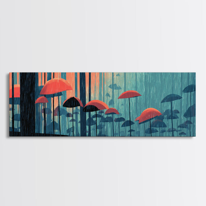 Teal Forest Umbrella Wall Art, Rainy Modern Art Print, Coral Blue Retro Decor, Atmospheric Living Room Canvas Print Gift