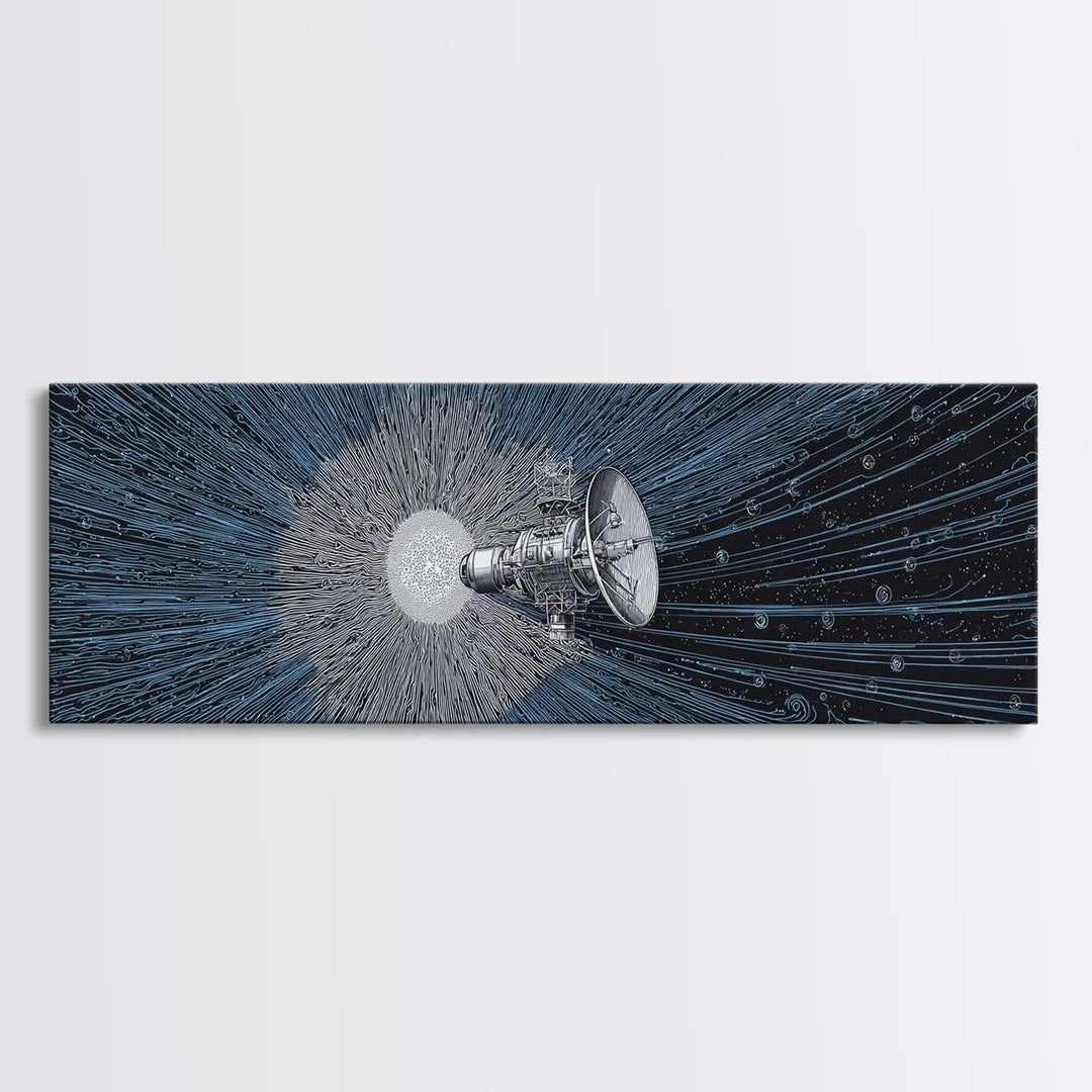 Deep Space Satellite Wall Art, Blue Sci Fi Retro Art, Modern Abstract Art Print, Large Panoramic Poster For Office Decor