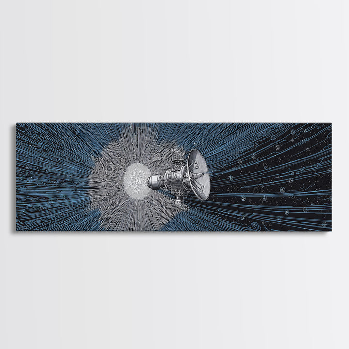 Deep Space Satellite Wall Art, Blue Sci Fi Retro Art, Modern Abstract Art Print, Large Panoramic Poster For Office Decor