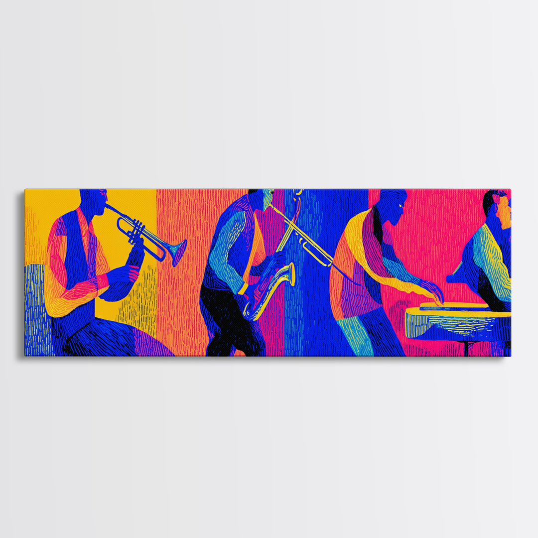 Bold Neon Jazz Band Canvas Print, Colorful Wall Art, Midcentury Modern Music Poster, Pop Art Funky Retro Living Room Decor