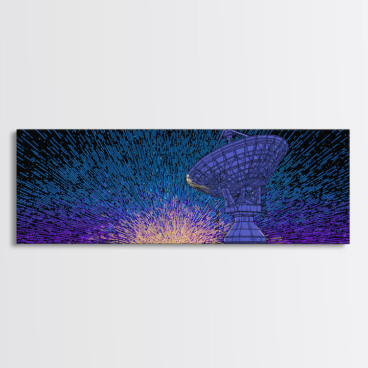 Blue Radio Telescope Starburst Wall Art, Retro Sci Fi Observatory Poster, Mid Century Modern Space Decor, Panoramic Canvas Print