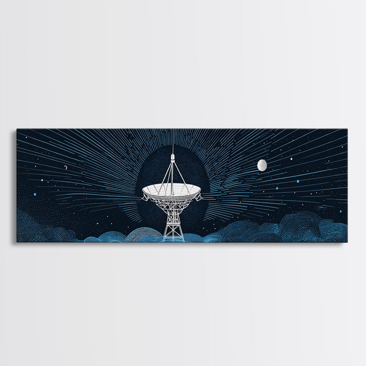 White Radio Telescope Moonlit Wall Art, Retro Sci Fi Observatory Print, Mid Century Modern Space Poster, Blue Panoramic Decor