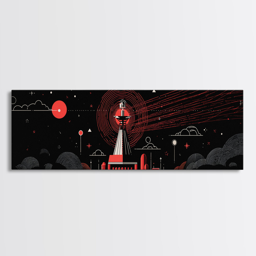 Red Observatory Beacon Wall Art, Retro Sci Fi Space Poster, Mid Century Modern Atomic Radio Telescope Panoramic Canvas Print
