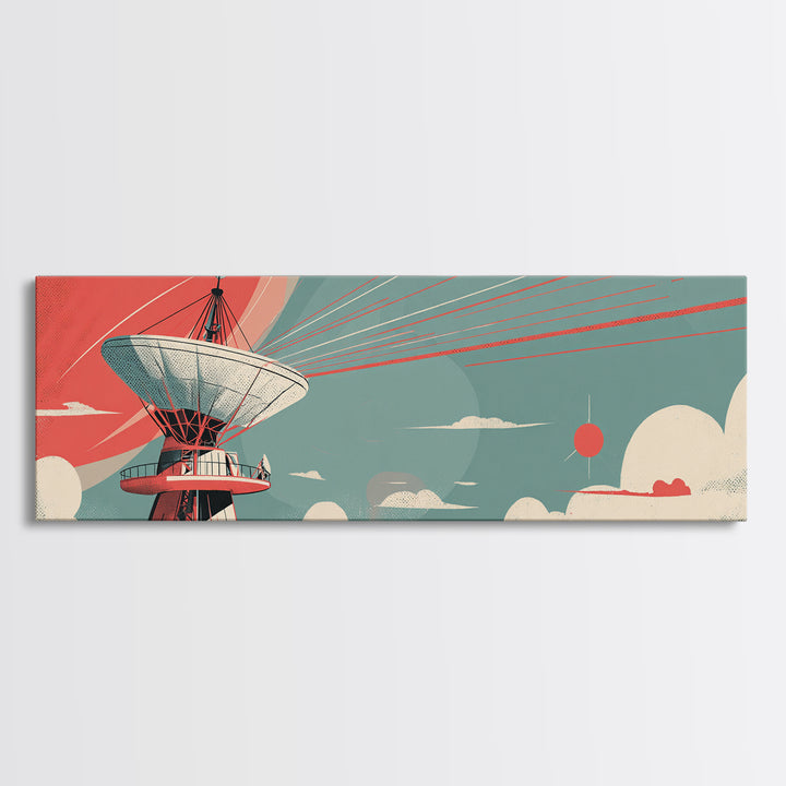 Coral Satellite Dish Sky Wall Art, Retro Sci Fi Observatory Poster, Mid Century Modern Atomic Space Decor, Panoramic Canvas Print