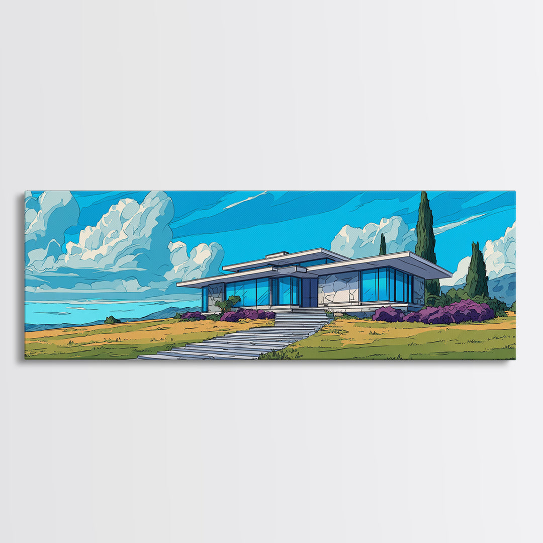 Blue Mid Century Ranch House Wall Art, Modern Architecture Poster, Palm Springs Decor, MCM Home Landscape Framed Canvas Print