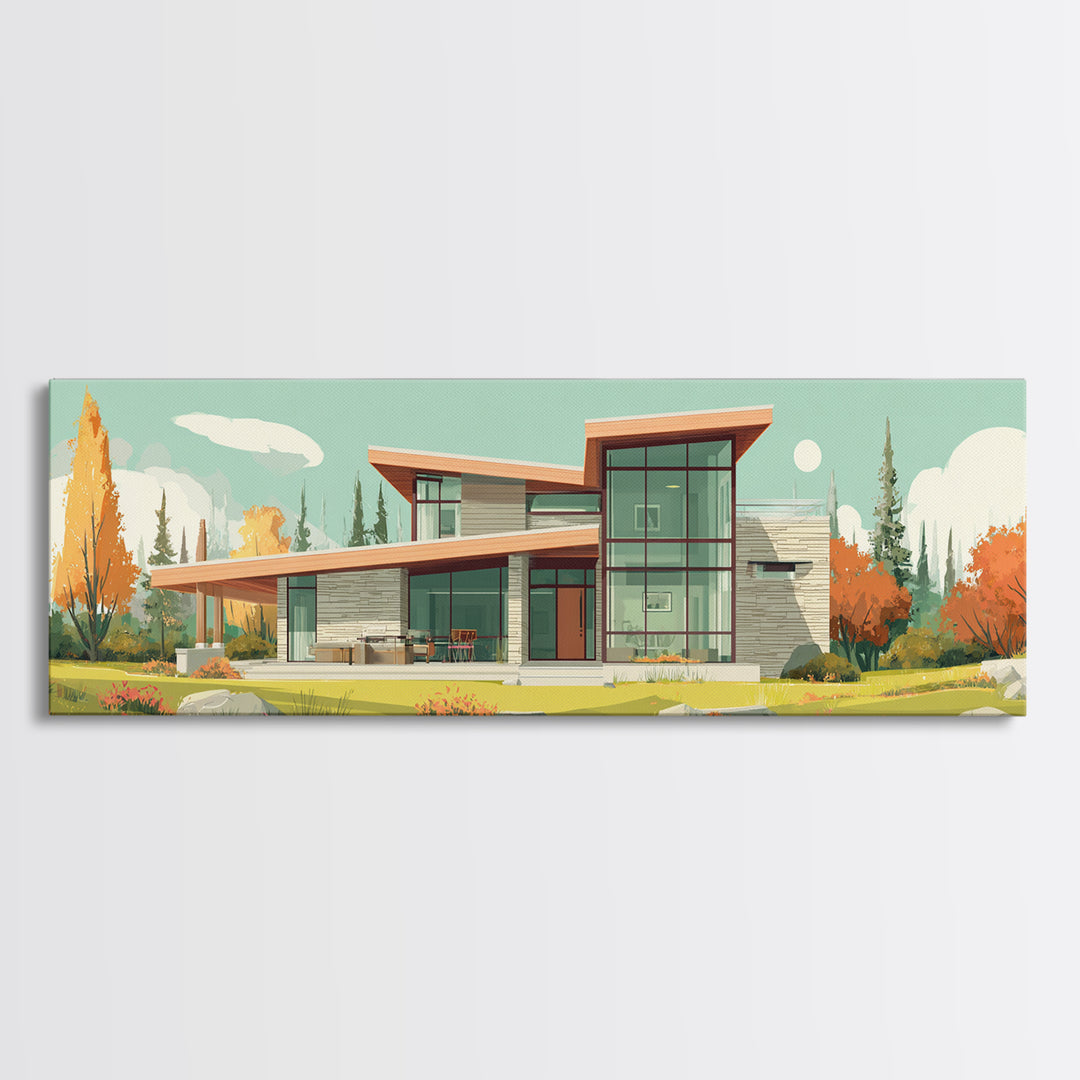 Autumn Glass Modern House Wall Art, Mid Century Modern Architecture Poster, Scandinavian Home Decor, Landscape Framed Canvas Print