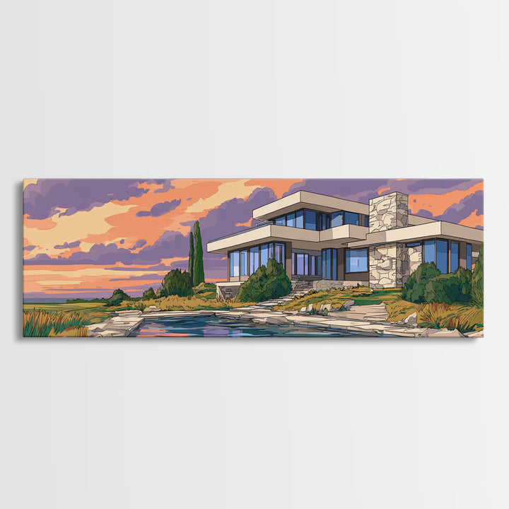 Lakeside Modernist Villa Wall Art, Sunset Mid Century Modern Architecture Poster, MCM Home Decor Scenic Framed Canvas Print