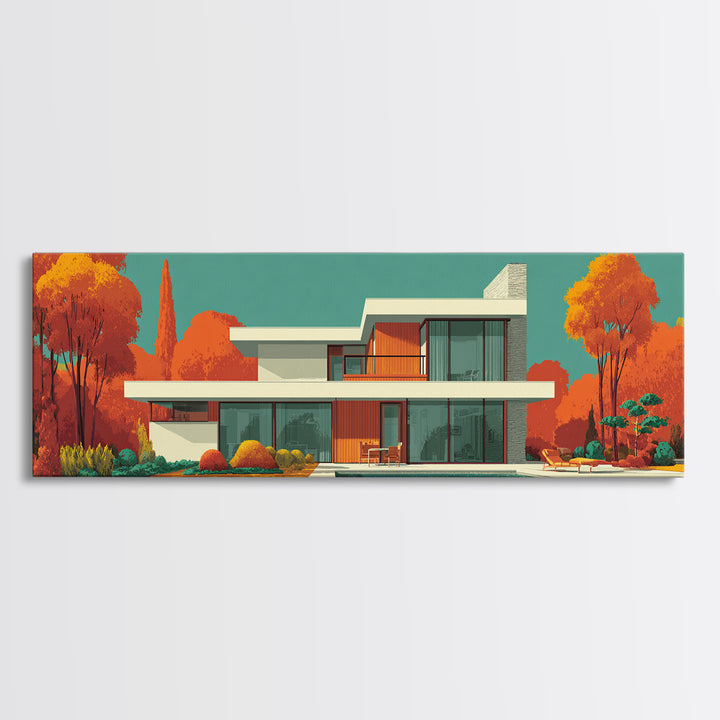 Orange Autumn Mid Century House Wall Art, Modern Architecture Poster, Retro Home Decor, Palm Springs Style Framed Canvas Print