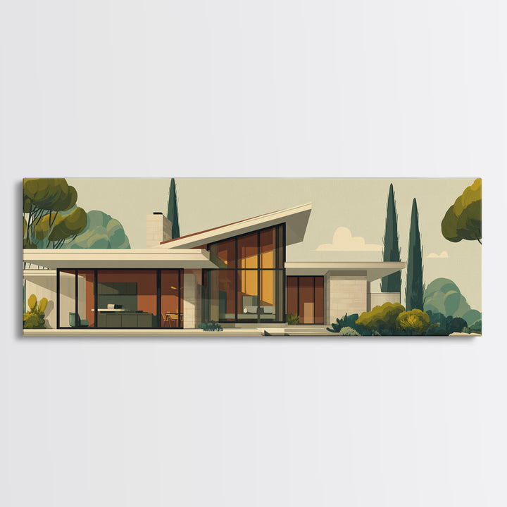 Angular Mid Century Modern House Wall Art, Retro Architecture Poster, Scandinavian Modern Home Decor Framed Canvas Print