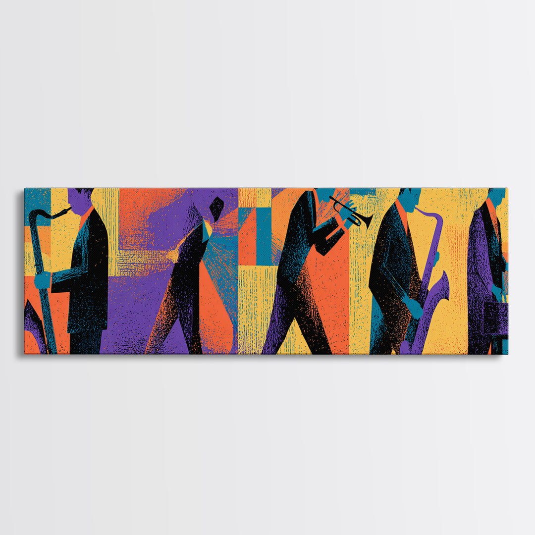 Graphic Jazz Musicians Canvas Print, Midcentury Modern Wall Art, Colorful Abstract Music Poster, Retro Home Office Decor