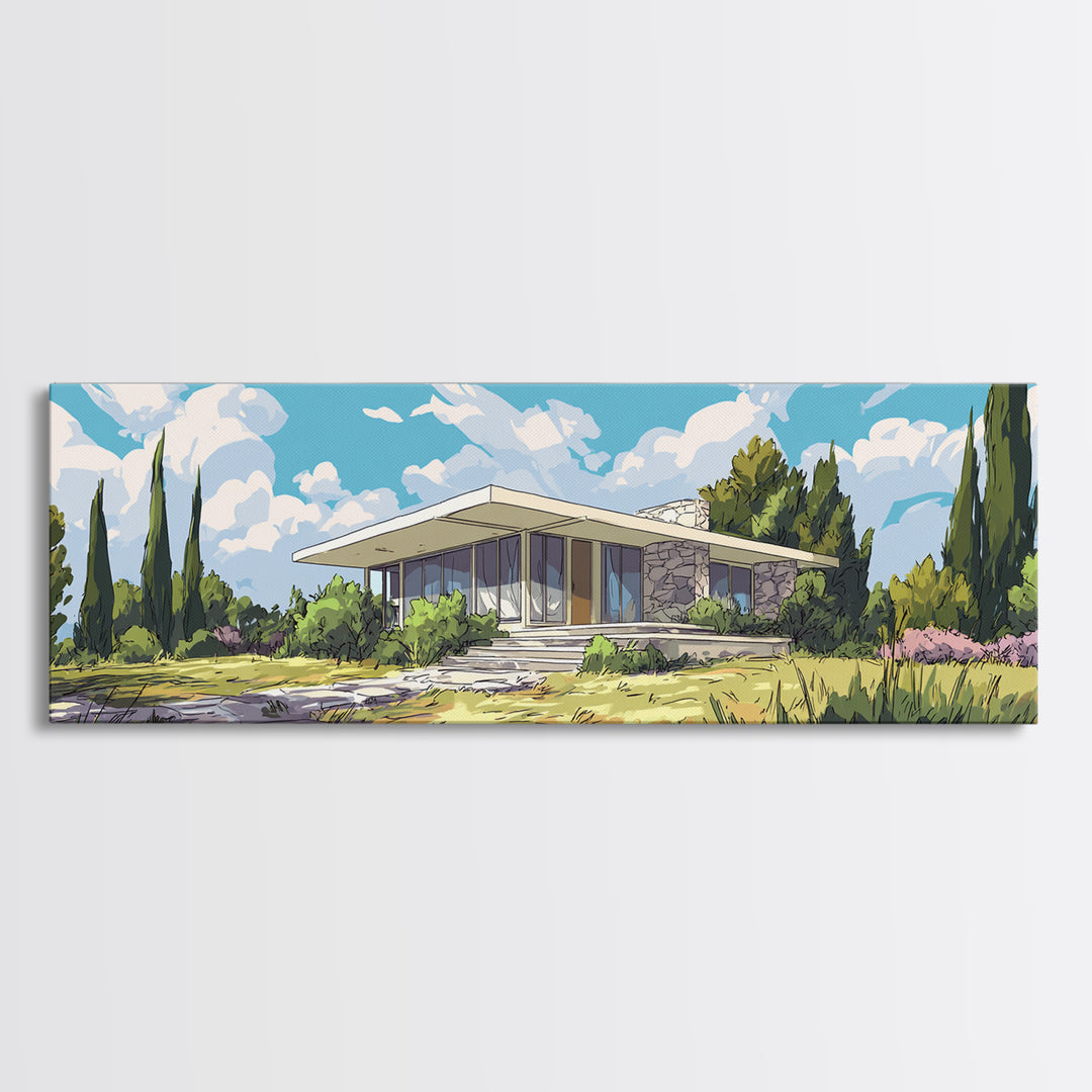 Modernist Garden Ranch House Wall Art, Mid Century Modern Architecture Poster, MCM Home Decor Landscape Framed Canvas Print