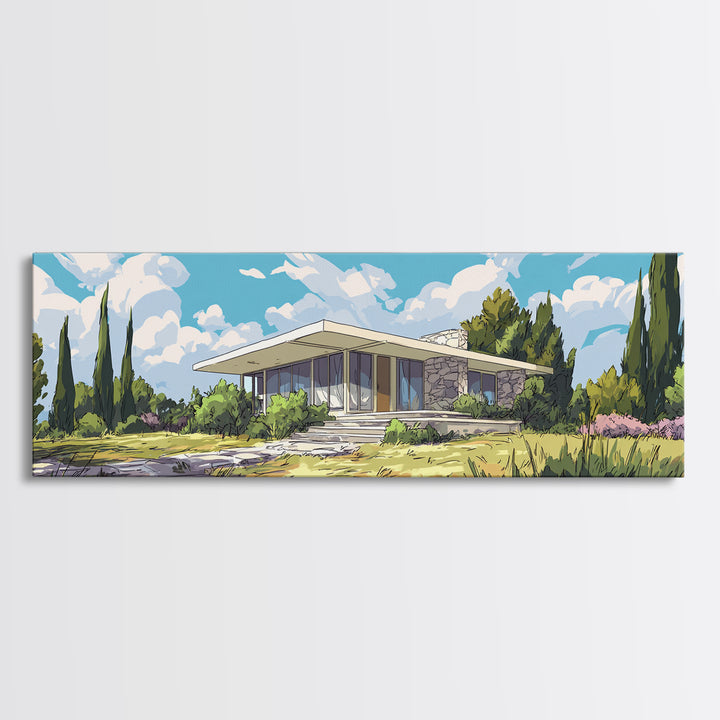 Modernist Garden Ranch House Wall Art, Mid Century Modern Architecture Poster, MCM Home Decor Landscape Framed Canvas Print