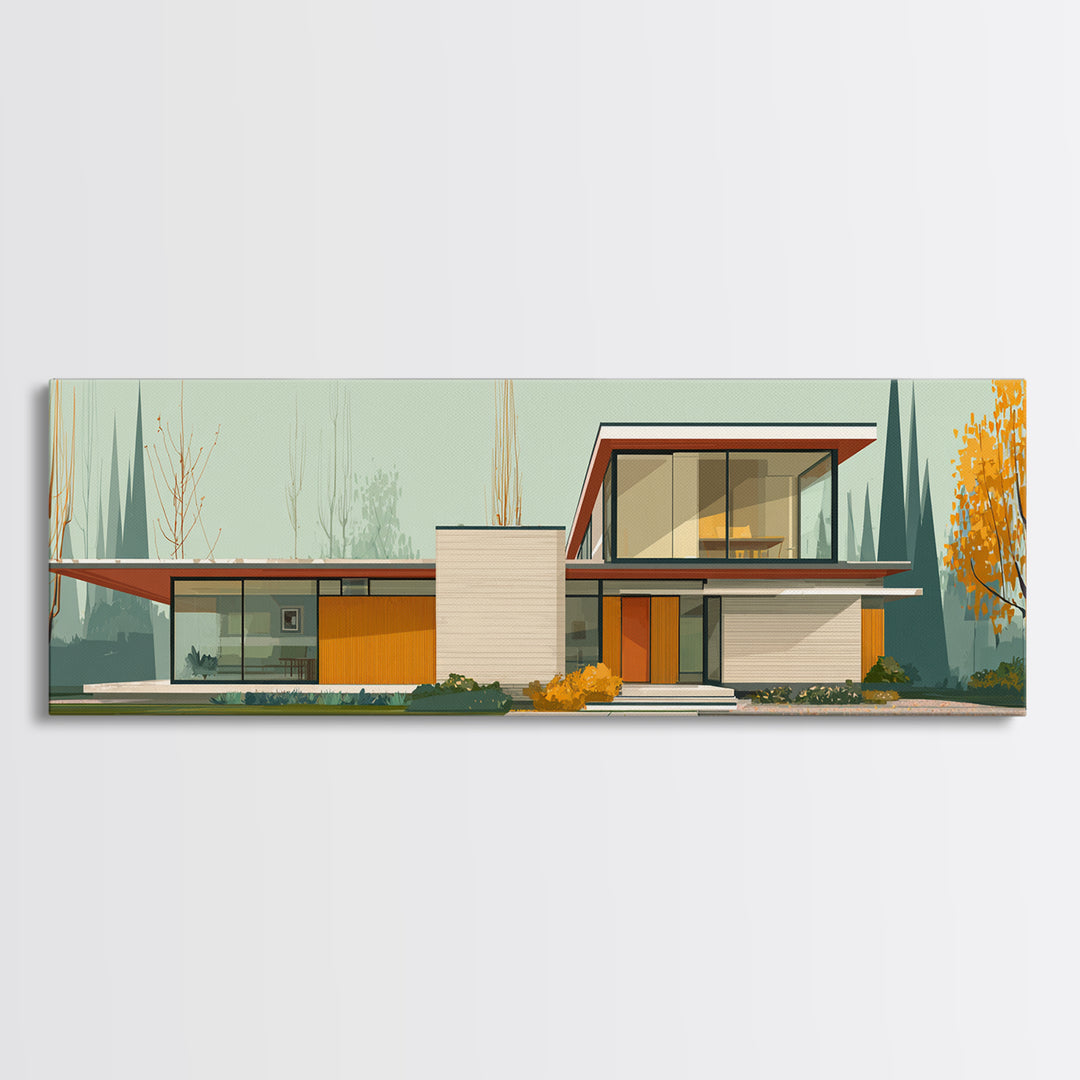 Midcentury Glass House Autumn Landscape Wall Art, Modern Architecture Print, MCM Decor, Retro Home Decor, Large Canvas Print