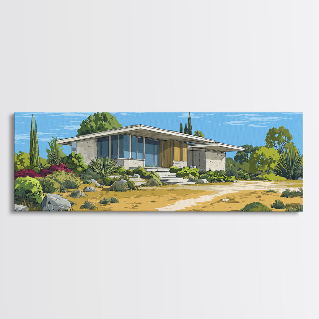 Desert Modern House With Garden Path Canvas Print, Midcentury Architecture Wall Decor, California Poster, MCM Home Art Print